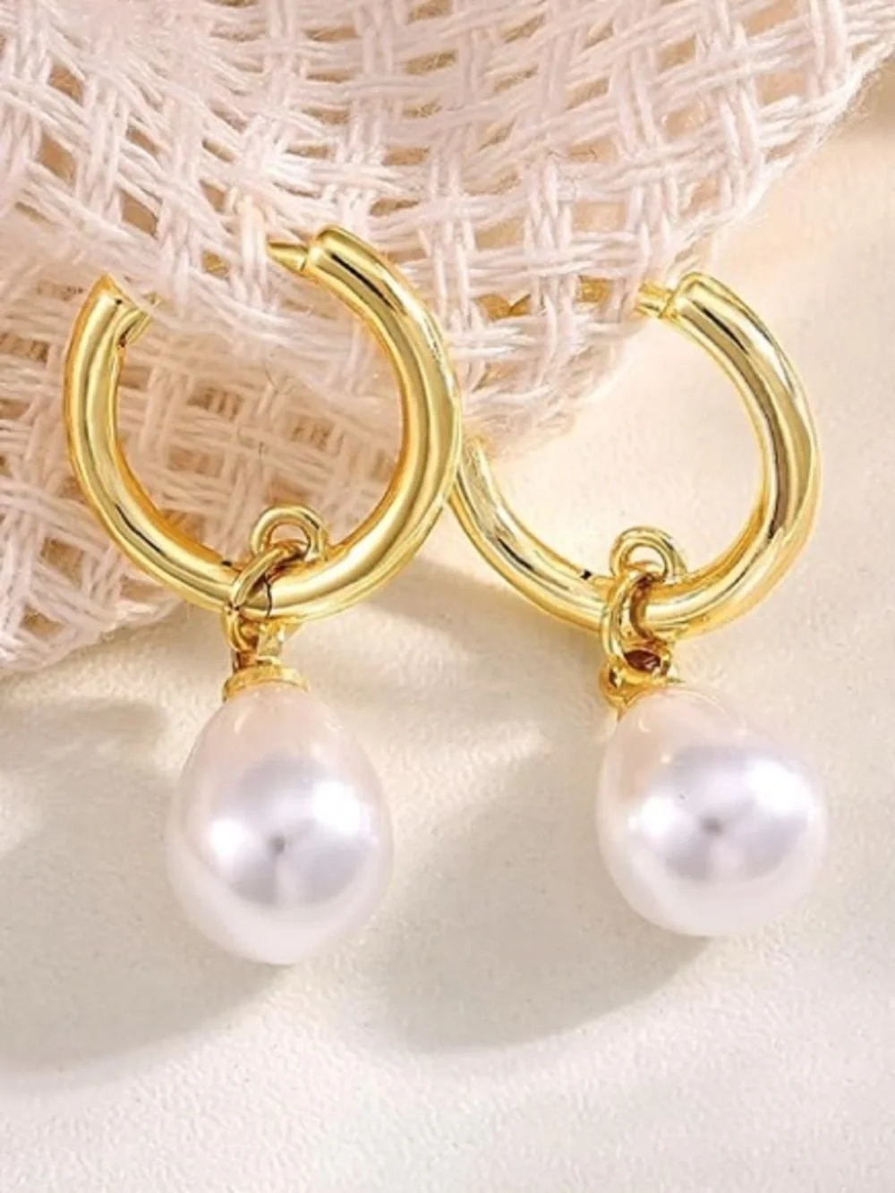 14K Gold Plated Pearl Drop Hoop Earrings